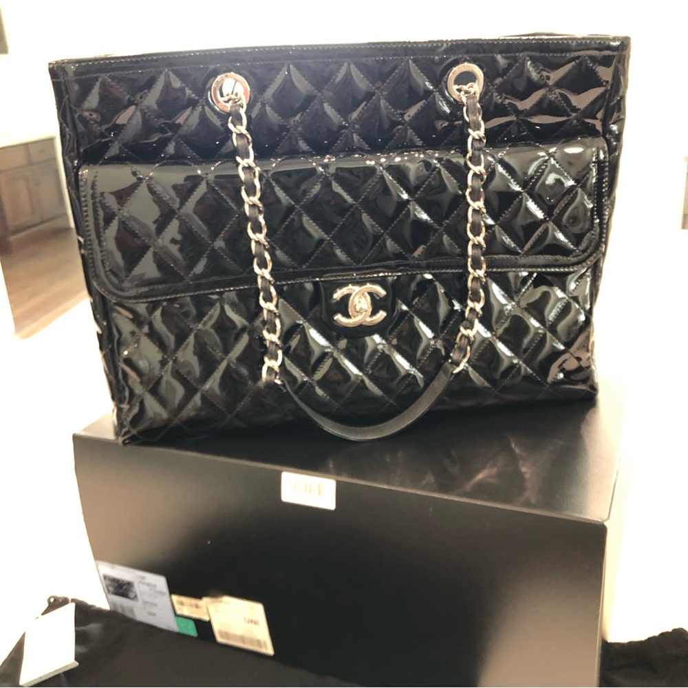 Chanel Black Patent Coco Shine Large Shopping Tote / Shoulder Bag with Flap